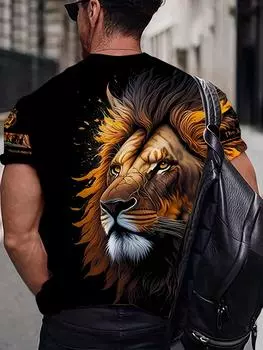 Футболка с принтом льва 3D, повседневный топ с коротким рукавом и круглым вырезом, смесь полиэстера и спандекса, можно стирать в стиральной машине, идеально подходит для повседневного и спортивного образа S чёрный