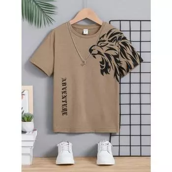 Футболка с принтом льва и букв для мальчиков-подростков, повседневный трикотаж L