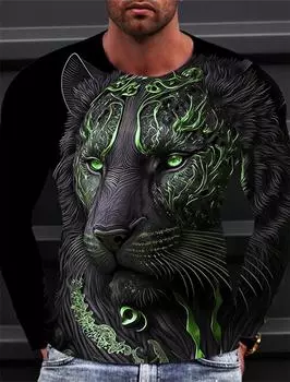 Футболка с принтом льва с 3D-принтом, длинный рукав, повседневная, для мужчин, с круглым вырезом, модные графические футболки, черная, дышащая, удобная одежда S