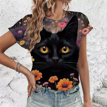 Футболка с принтом летних кошек, модная популярная футболка большого размера, женская футболка с коротким рукавом 2024 года, элегантная женская футболка S
