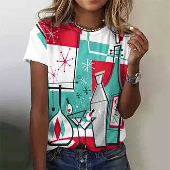 Футболка с принтом «Летний коктейль» с 3D-принтом «Фруктовые листья» для женщин, цветные графические футболки, повседневные футболки с короткими рукавами и круглым вырезом S