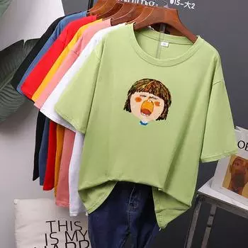 Футболка с принтом лица Kwaii, красочные женские хлопковые летние футболки большого размера, мягкий женский джемпер, топ M чёрный