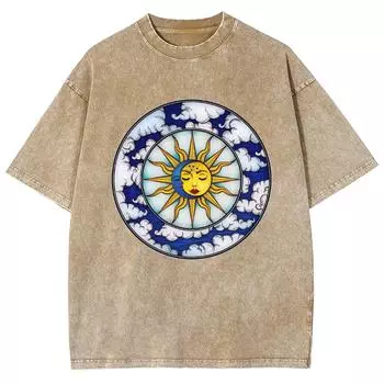 Футболка с принтом лица солнца, женская, стираная, джинсовая, хлопковая, свободного покроя, с коротким рукавом, нишевый дизайн, индивидуальный уличный топ S