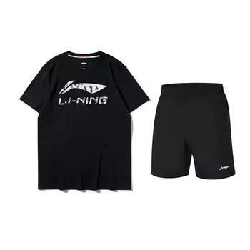 Футболка с принтом логотипа Li Ning, круглым вырезом и короткими рукавами и шорты средней посадки, повседневный спортивный комплект, унисекс, черные AHST791-1+YKST119-1 L