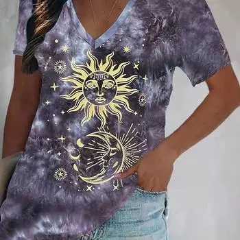 Футболка с принтом луны больших размеров - удобная и комфортная с короткими рукавами, свободная, повседневная, для женщин, идеально подходит для повседневной носки S