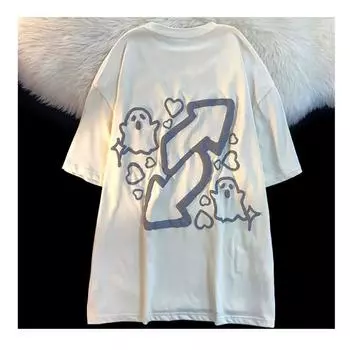 Футболка с принтом «Маленький призрак» в стиле ретро для мужчин и женщин, летняя модная тенденция, повседневная уличная одежда, топ с короткими рукавами для пар, Harajuku S бежевый