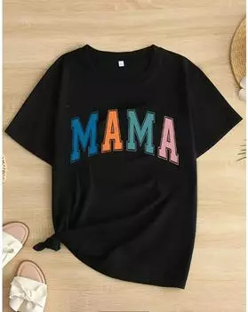 Футболка с принтом Mama Letter размера плюс, повседневная футболка с круглым вырезом и коротким рукавом, женская одежда больших размеров 1XL чёрный