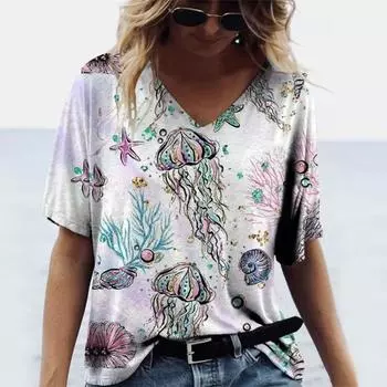 Футболка с принтом «Медузы и раковины» 3D, летняя женская повседневная футболка с V-образным вырезом, уличная одежда, топы 2000 года, женские футболки Harajuku большого размера, одежда S