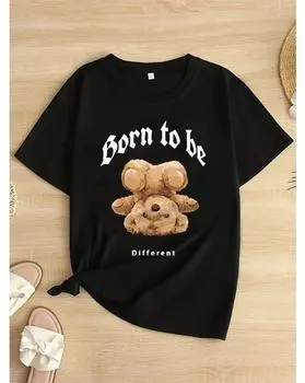 Футболка с принтом медведя и букв больших размеров, повседневный топ с короткими рукавами для весны и лета, женская одежда больших размеров 1XL чёрный