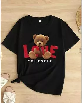 Футболка с принтом медведя и букв больших размеров, повседневный топ с короткими рукавами для весны и лета, женская одежда больших размеров 1XL чёрный