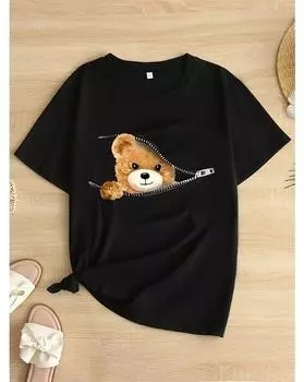 Футболка с принтом медведя и молнии больших размеров, повседневный топ с короткими рукавами для весны и лета, женская одежда больших размеров 1XL чёрный