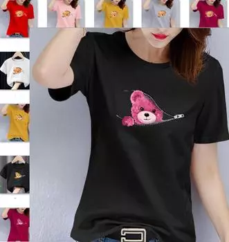Футболка с принтом медведя, повседневный топ с короткими рукавами и круглым вырезом с изображением плюшевого медведя, женская одежда, свободная футболка, топы Harajuku S