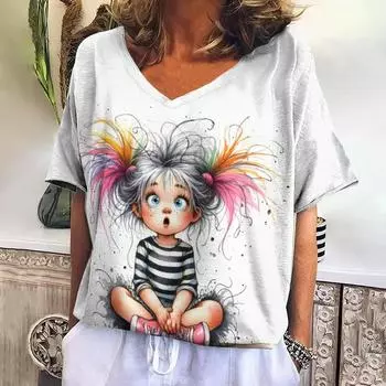 Футболка с принтом «Милая девушка» для лета, женская уличная одежда, повседневные футболки, топы Y2k, женские футболки с V-образным вырезом в стиле Харадзюку, свободная одежда S