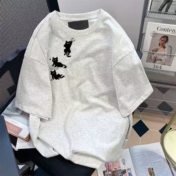 Футболка с принтом «Милая маленькая кошечка, рыбалка на луну» для мужчин и женщин, летняя модная тенденция, повседневный удобный топ из чистого хлопка для пар, топ с короткими рукавами, Harajuku S белый