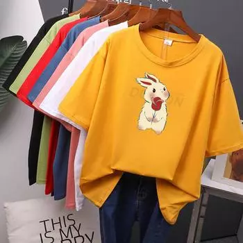 Футболка с принтом милого маленького кролика, женские свободные хлопковые летние футболки большого размера, мягкий женский джемпер, топ M чёрный