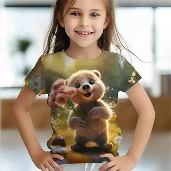 Футболка с принтом милого медведя 3D для девочек, милые футболки с изображением животных из мультфильмов для девочек, детская подарочная футболка с коротким рукавом, повседневный топ, детская одежда 110