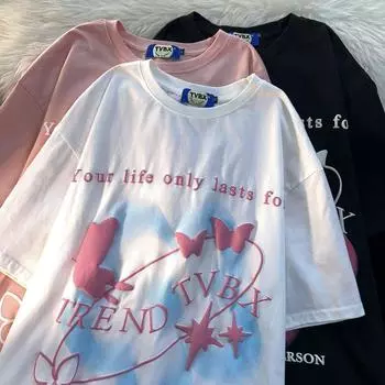 Футболка с принтом милых бабочек для мужчин и женщин. Летняя модная тенденция. Повседневная милая удобная футболка из чистого хлопка. Дизайн для пар. Топ с короткими рукавами Harajuku S белый