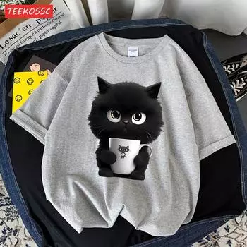 Футболка с принтом «Милый черный кот держит чашку», дышащая, приятная для кожи, с коротким рукавом, модная одежда в стиле Харадзюку, удобная мягкая футболка S
