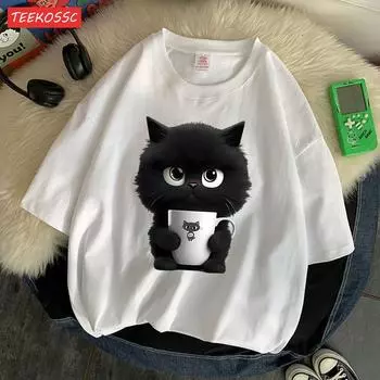 Футболка с принтом «Милый черный кот держит чашку», дышащая, приятная для кожи, с коротким рукавом, модная одежда в стиле Харадзюку, удобная мягкая футболка 2XL