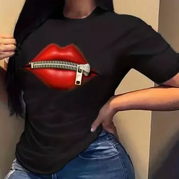 Футболка с принтом «молния и губы», футболка с коротким рукавом с круглым вырезом, повседневные топы на каждый день, женская одежда XL чёрный