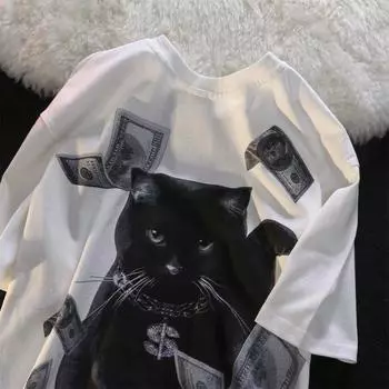 Футболка с принтом Money Cat в темном стиле для мужчин и женщин. Летняя модная тенденция в стиле ретро. Повседневный удобный топ из чистого хлопка для пары с короткими рукавами Harajuku. M белый