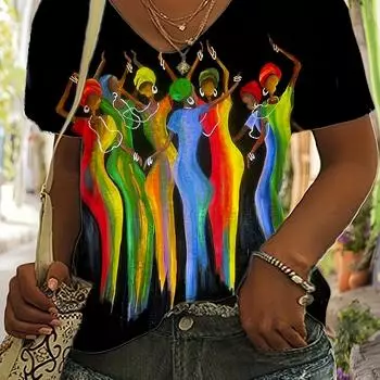 Футболка с принтом мультфильма размера плюс, повседневная футболка с коротким рукавом и V-образным вырезом, женская одежда больших размеров S