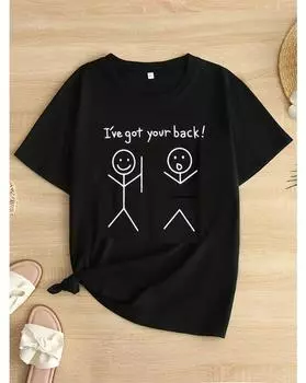 Футболка с принтом мультфильмов больших размеров, повседневная футболка с круглым вырезом и коротким рукавом, женская одежда больших размеров 1XL чёрный