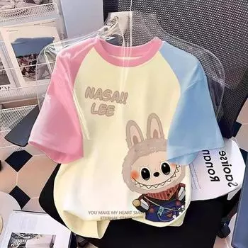 Футболка с принтом мультяшного эльфа-монстра Лабубу для детей, летняя повседневная женская футболка с коротким рукавом для мальчика и девочки, топ 100