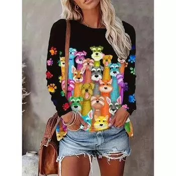 Футболка с принтом мультяшной собаки для женщин, блузка с длинным рукавом и укороченным топом, женская одежда, модные женские графические рубашки S