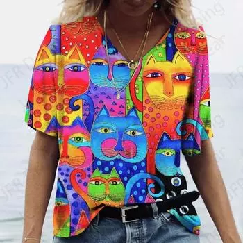 Футболка с принтом «Мультяшный аниме-кот» с 3D-принтом, женская футболка, летняя футболка с V-образным вырезом и коротким рукавом, женская одежда, футболка большого размера, каваи, манга S