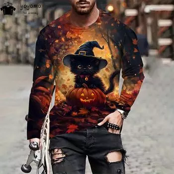 Футболка с принтом на Хэллоуин Мужская мода Мужская одежда Футболки с рисунком тыквы на Хэллоуин Повседневная мужская футболка с длинным рукавом Одежда S