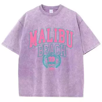 Футболка с принтом надписи Malibu Beach, выстиранная, уличная, женская, хлопковая, топ, свободная, с круглым вырезом, с коротким рукавом, модная одежда S