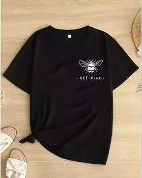 Футболка с принтом насекомых больших размеров, повседневный топ с коротким рукавом для весны и лета, женская одежда больших размеров 1XL чёрный