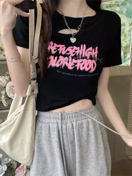 Футболка с принтом O-образным вырезом, женская, с коротким рукавом, повседневная, майка, укороченный топ, женская летняя футболка Y2k StreetwearF M чёрный