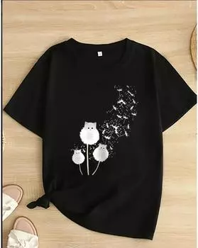 Футболка с принтом одуванчика больших размеров, повседневная футболка с круглым вырезом и короткими рукавами, женская одежда больших размеров 1XL чёрный