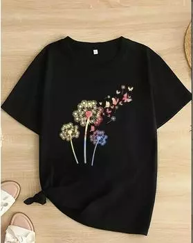 Футболка с принтом одуванчика и бабочки больших размеров, повседневный топ с круглым вырезом с короткими рукавами на весну и лето, женская одежда больших размеров 1XL чёрный