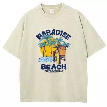 Футболка с принтом PARADISE BEACH с круглым вырезом, пуловер, топ, свободный размер, уличный повседневный стиль, для пожилых пар, короткие рукава S