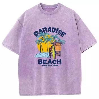 Футболка с принтом PARADISE BEACH с круглым вырезом, пуловер, топ, свободный размер, уличный повседневный стиль, для пожилых пар, короткие рукава S
