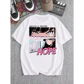 Футболка с принтом персонажа из мультфильма «Аниме» на спине, летняя хлопковая, дышащая, микроэластичная, свободная, уличная, ретро, нейтральная футболка S