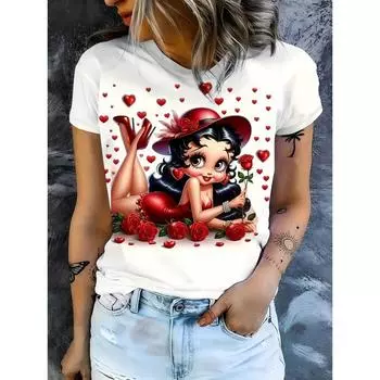 Футболка с принтом принцессы на 3D-принте для женщин - повседневный топ с круглым вырезом и короткими рукавами, в стиле ретро, полиэстер, пригодный для машинной стирки S
