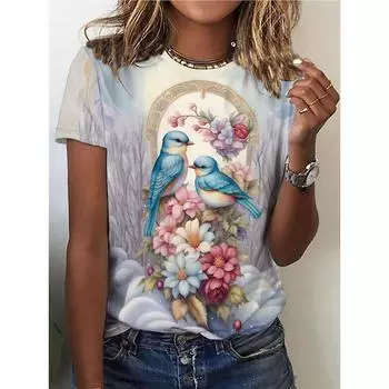 Футболка с принтом «Птицы на цветах», повседневный топ с круглым вырезом и короткими рукавами на весну и лето, женская одежда S