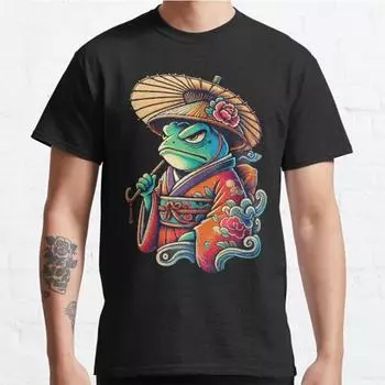 Футболка с принтом японской лягушки в кимоно размера плюс S-3XL, мужские топы, модная одежда, футболки S чёрный