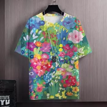 Футболка с принтом «Разноцветные гроздья цветов» для мужчин, футболки с узором «трава и растения», летние повседневные футболки с коротким рукавом и круглым вырезом S