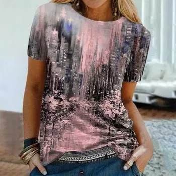 Футболка с принтом «Рисунок» с круглым вырезом, женские повседневные футболки с коротким рукавом, винтажный топ S