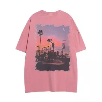 Футболка с принтом «Романтический закат» и «Улица» для мужчин и женщин Летняя мода в стиле ретро Повседневный удобный топ из чистого хлопка для пар с короткими рукавами Harajuku S чёрный