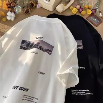 Футболка с принтом романтического заката на западном побережье для мужчин и женщин, летняя модная тенденция, повседневный удобный топ из чистого хлопка для пар, топ с короткими рукавами Harajuku S белый