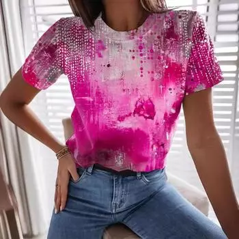 Футболка с принтом Rose Series 3D, летняя, с круглым вырезом, свободная, повседневная, с коротким рукавом, женская S