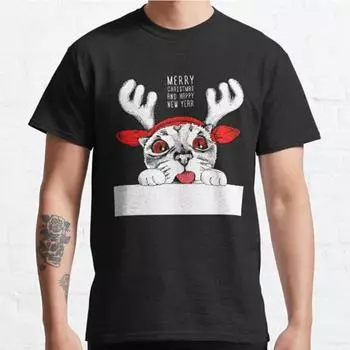 Футболка с принтом рождественского котенка и оленя размера плюс S-3XL, мужские топы, модная одежда, футболки S чёрный