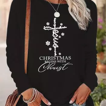 Футболка с принтом рождественского креста Иисуса, повседневный топ с круглым вырезом и длинными рукавами, женская одежда S