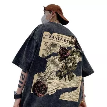 Футболка с принтом розы для мужчин и женщин в стиле ретро, летняя модная тенденция, повседневная уличная одежда, чувство дизайна, топ с короткими рукавами для пар, Harajuku M чёрный